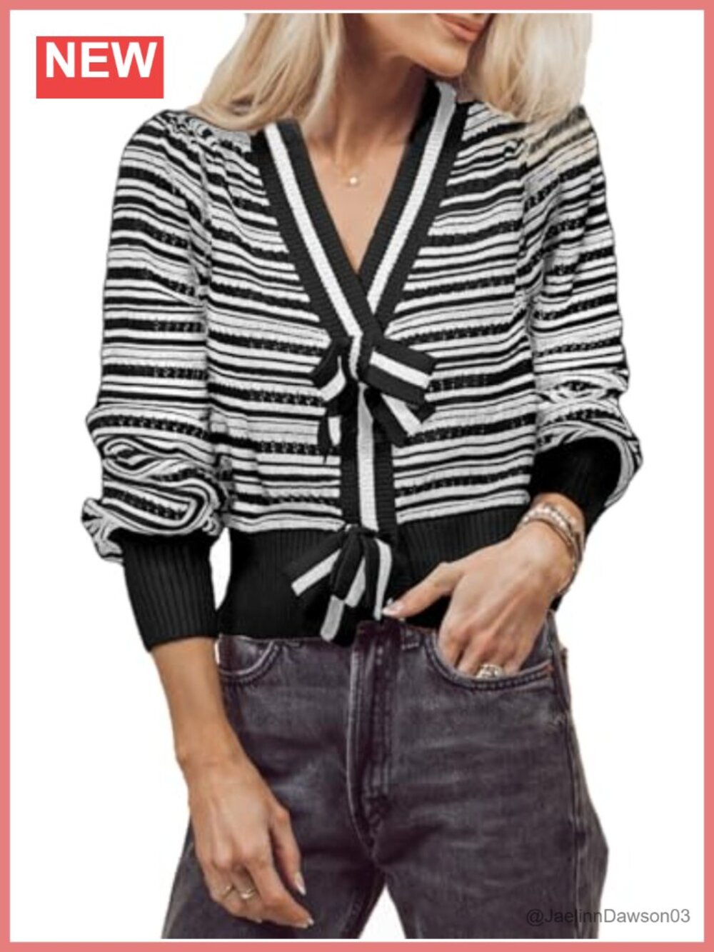 Womens Striped Cropped Sweater Bow Loose V Neck Knit Trendy Pullover